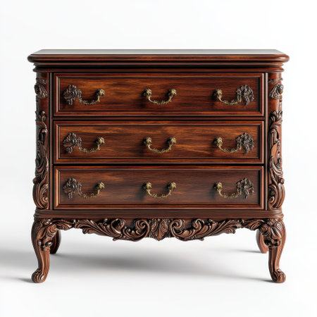 Three-drawer dresser made of rich wood features detailed carvings and ornate brass handles. This stunning piece exemplifies vintage elegance and craftsmanship, perfect for classic decor.の素材