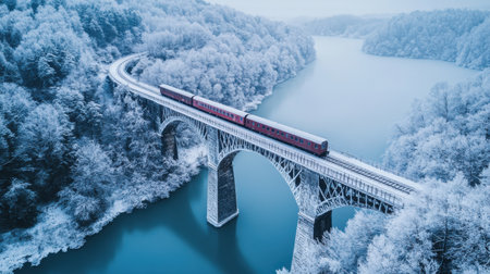 A red train travels across an elegant white bridge surrounded by snow-covered trees and a calm blue river, set in a peaceful winter landscape.の素材