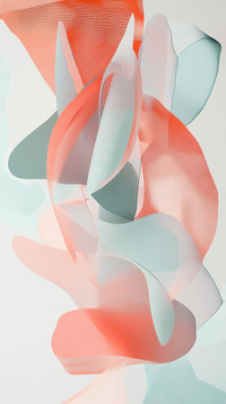 Soft, translucent shapes in coral and teal intertwine on a pale backdrop, creating a sense of movement and depth within the composition, showing contemporary abstract art.の素材