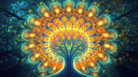A vibrant tree composed of intricate designs radiates golden light amidst a mystical forest background. The scene captures the essence of natural beauty and tranquility under a serene night sky.の素材