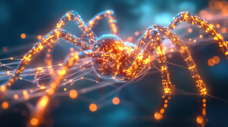 A glowing spider made of luminous strands weaves its web in a dark, digital environment. The intricate details highlight a blend of technology and nature, creating a captivating visual effect.の素材