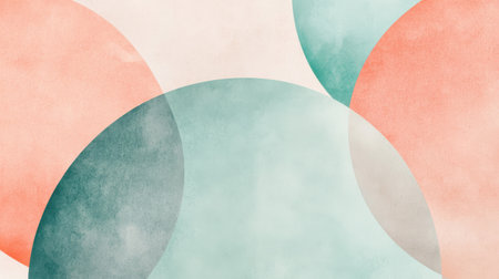 This artwork features overlapping circles in gentle soft blue and peach tones, producing a serene abstract pattern. The blending colors evoke a sense of tranquility and creativity.の素材