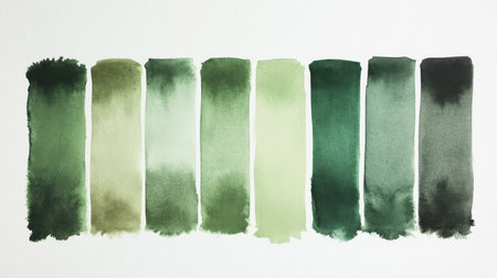 A series of eight watercolors showcases various shades of green, ranging from dark to light. Each stripe reveals a unique blending technique and varying levels of saturation.の素材