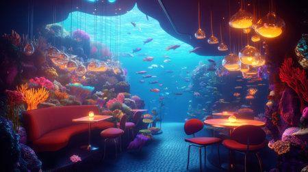 A unique dining setting underwater colorful coral reefs and a variety of tropical fish swimming nearby. Soft lighting from hanging lamps creates a cozy atmosphere for guests.の素材