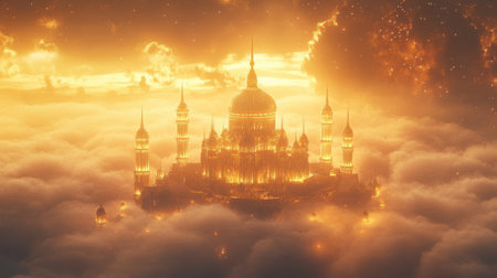 A grand palace radiating golden light rises above soft, fluffy clouds under a vibrant sunset. The architectural splendor features tall spires and intricate details, creating an ethereal atmosphere.の素材