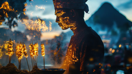 A food vendor is skillfully preparing grilled skewers against a vibrant twilight backdrop. The warm glow from the skewers illuminates his focused expression as evening sets in.の素材