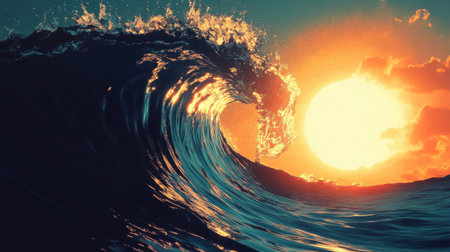 A stunning ocean wave rises dramatically as the sun sets, painting the sky in shades of orange and pink. This breathtaking view evokes a sense of tranquility and natural beauty.の素材