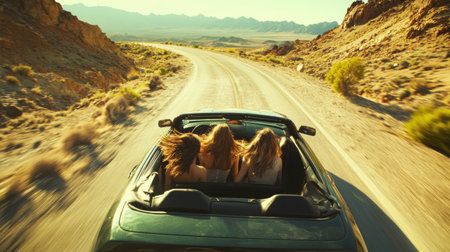 Three friends ride in a convertible, hair blowing in the wind as they drive on a winding road through a vast desert area during daytime, enjoying the open air and adventure.の素材