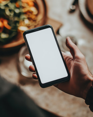 A hand grips a smartphone displaying a blank screen. Nearby, a colorful salad is presented on a wooden table, indicating a relaxed meal setting.の素材