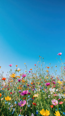 A drone glides over a vibrant meadow bursting with diverse wildflowers in multiple colors. The scene is set against a tranquil blue sky, evoking a sense of peace and beauty.の素材