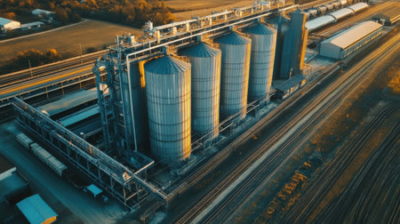 An aerial view reveals a large factory complex featuring several towering silos and extensive rail lines. The site is designed for efficient operations and is set in a busy industrial zone.の素材