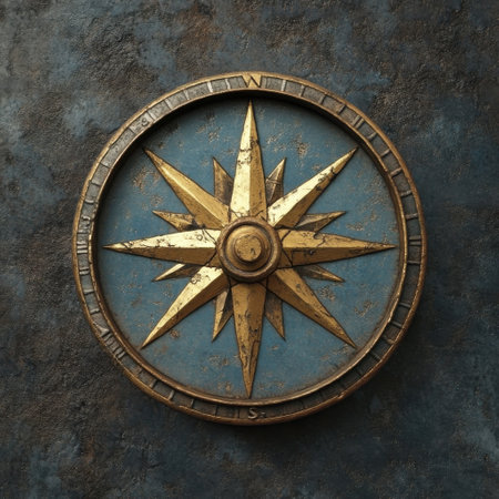 A compass icon showcases cardinal directions, designed with intricate details and set against a textured blue and gold background, symbolizing guidance and travel.の素材
