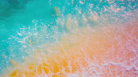 Breathtaking aerial shot presents a tropical beach with inviting turquoise water gently lapping at the shore and vibrant palm trees swaying in the sunny breeze, showcasing nature's beauty.の素材