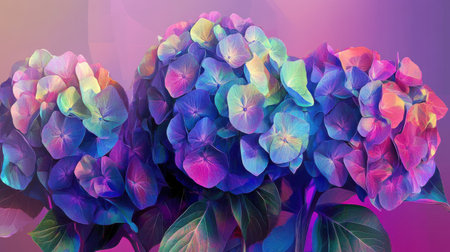 This digital artwork features vibrant hydrangea flower clusters layered with geometric shapes. Glowing highlights enhance the colors, creating an abstract floral display.の素材