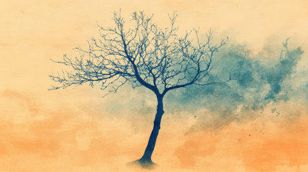 A single tree with bare branches stands alone against a softly blended watercolor background of amber and blue. The serene tones evoke tranquility and contemplation in nature.の素材