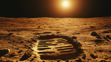 A symbolic footprint rests in the moon's dusty surface, signifying humanity's first steps on a celestial body. The vast, desolate horizon stretches out, bathed in sunlight.の素材