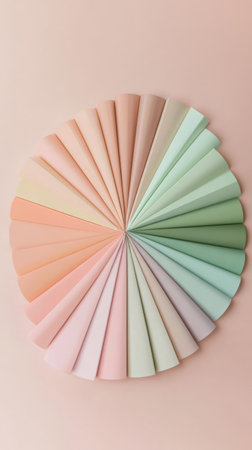A circular arrangement of paper in pastel mint to muted pink creates a subtle gradient effect. The colors blend seamlessly, highlighting minimalism and symmetry for a calming vibe.の素材