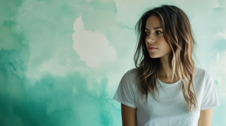A woman stands gracefully against a watercolor gradient backdrop of pale mint blending into forest green, creating an atmosphere of tranquility and elegance.の素材