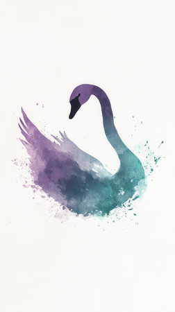 A graceful swan silhouette is portrayed in a watercolor gradient of lavender and teal, softly blended against a clean white canvas. The elegant shape captures the essence of serenity.の素材