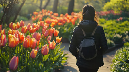 A woman walks slowly along a charming path, flanked by colorful tulips in full bloom. The bright flowers contrast beautifully with soft greenery under the warm sunlight.の素材