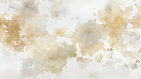 Subtle watercolor blotches in gentle beige and gold tones spread across a clean white background, forming an abstract design that evokes calmness and tranquility in interior decor.の素材