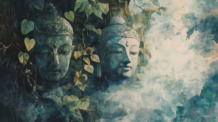 Ancient statues emerge from a dense jungle, shrouded in swirling mist and entwined with vibrant vines, creating a serene, mystical atmosphere amidst greenery.の素材