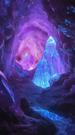 A captivating crystal cavern reveals glowing formations that illuminate the surroundings with vibrant purple and blue hues. The unique shapes create a fantastical atmosphere ideal for exploration.の素材