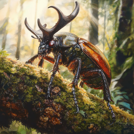 A regal stag beetle rests gracefully on a moss-covered branch in a sunlit forest. Its vibrant exoskeleton glows, highlighted by the dappled sunlight filtering through the trees.の素材