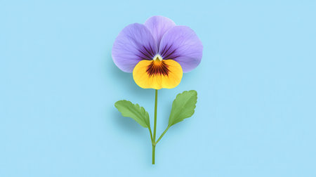 A striking illustration showcases a single pansy flower with bold purple and yellow petals. This design features lush green leaves against a soft pastel blue background, adding a modern touch.の素材