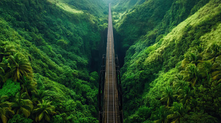 A train travels across a lengthy wooden bridge that spans a vast canyon. Lush greenery envelops the area, showing vibrant foliage under bright daylight.の素材