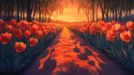 A beautiful tulip garden is illuminated by warm orange and pink hues of the sunset. Long shadows stretch across the pathway, enhancing the vibrant colors of the tulips.の素材