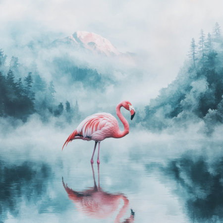 A regal flamingo stands gracefully in a crystal-clear lake, surrounded by soft mist. Its glowing pink feathers capture the soft light of the morning, creating a serene atmosphere.の素材