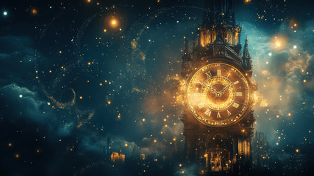 Set against a starlit sky, the clock tower features softly glowing gears. This enchanting double exposure captures a surreal experience of time and dreams twilight.の素材