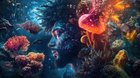 An alien figure blends seamlessly with vibrant coral reefs and luminous mushroom forests, surrounded by swirling cosmic dust in a mesmerizing underwater vista.の素材