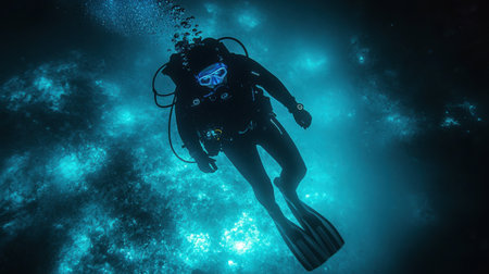 A diver gracefully glides through a bioluminescent underwater world, supported by a glowing exoskeleton that emits soft, calming light. The tranquil hues illuminate the dark surroundings.の素材