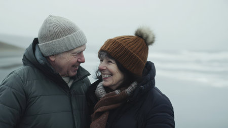 An elderly couple shares a warm, affectionate smile as they stand by the beach. Clad in cozy sweaters and hats, they radiate happiness amidst the soft gray tones of the misty seashore.の素材