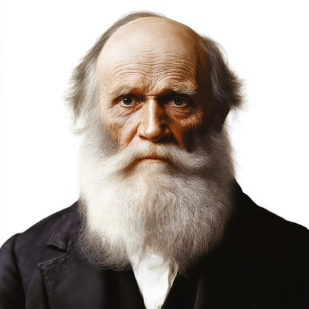 Charles Darwin displays a contemplative expression, featuring his iconic long beard and attractive gaze, representational of his groundbreaking thoughts on natural selection and evolution.の素材