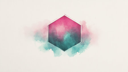 Centered on a white canvas, a watercolor hexagon in gradient pink and teal showcases a striking use of negative space. Its soft hues create a calming yet vibrant visual effect.の素材