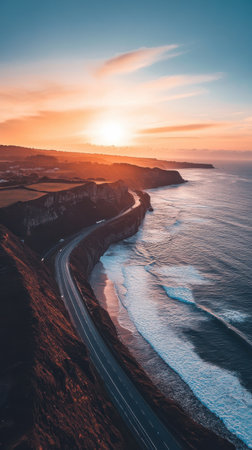 At sunset, a winding coastal road curves along rugged cliffs, where waves crash dramatically into the shoreline, creating a vivid display of nature's beauty and power.の素材