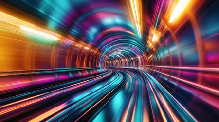 A dynamic spiral tunnel of radiant light beams creates a mesmerizing dance of colors, reflecting infinitely in a captivating mirrored space, evoking a sense of depth and motion.の素材