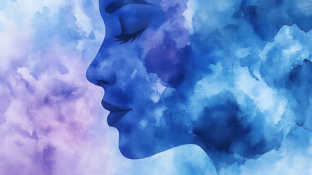 A calming silhouette of a face appears in soft watercolor gradients of blue and lavender. The artwork evokes feelings of tranquility and balance, inviting viewers to reflect and relax.の素材