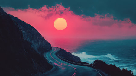 A striking sunset casts vibrant colors over a coastal road. Waves crash against rugged cliffs while the sun sinks, creating a cinematic and bold atmosphere at dusk.の素材