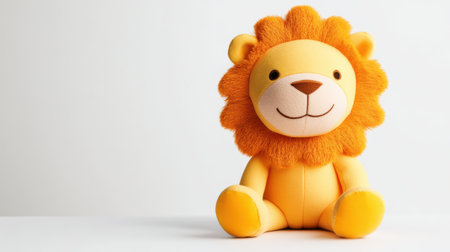 A friendly plush lion toy in bright yellow and orange sits on a white surface, showing its cheerful expression. This adorable companion is ideal for kids' playtime and cuddling.の素材