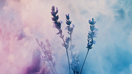 A single watercolor stroke in soft pastel blue and lavender enhances the beauty of delicate lavender flowers, evoking a calming atmosphere. The use of negative space emphasizes tranquility.の素材