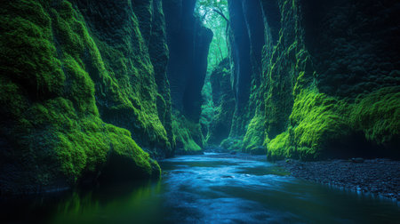 In a secluded canyon, vibrant bioluminescent moss illuminates the walls while a glowing river winds its way through the verdant landscape, inviting exploration and wonder at dusk.の素材