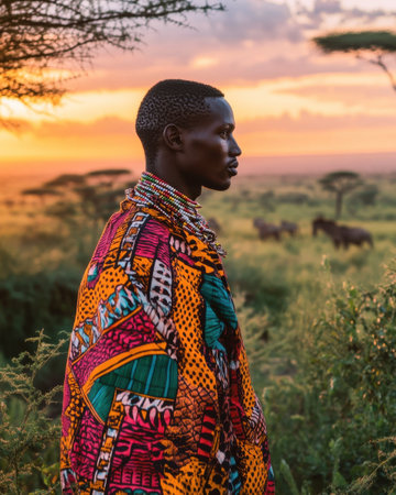 A man adorned in colorful traditional attire stands peacefully in the savanna, surrounded by acacia trees. Sunrise casts a warm glow on the landscape, highlighting distant wildlife.の素材
