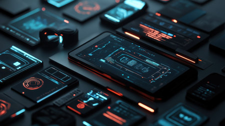In a modern environment, an array of technological gadgets is displayed, featuring smartphones, wearables, and interactive interfaces illuminated by vibrant colors, reflecting advanced design.の素材