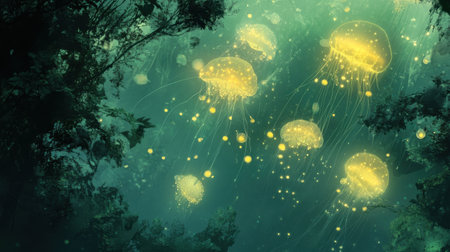 In the depth of the ocean, glowing jellyfish drift peacefully, their luminous tentacles providing shelter for tiny, radiant shrimp that clean their surfaces while they float.の素材