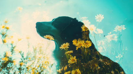 A striking corgi silhouette merges with bright, blooming daisies and tranquil farm views during golden hour, creating a whimsical and lively composition.の素材