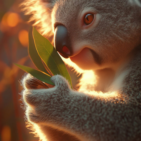 In a warm-lit setting, a koala is seen holding a fresh eucalyptus leaf close to its face. The fur is detailed and realistic, highlighting the soft texture and claws of this adorable marsupial.の素材